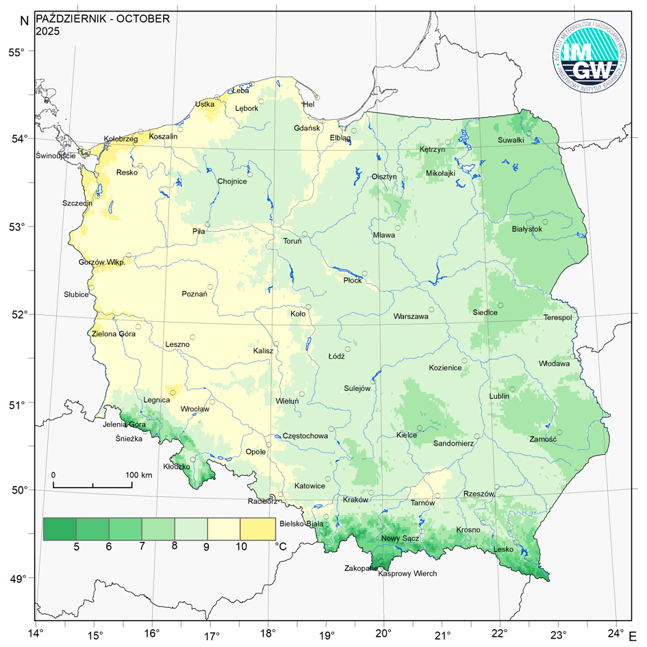 Przestrzenny rozkład średniej miesięcznej temperatury powietrza w październiku 2025 r.