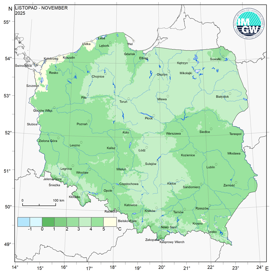 Przestrzenny rozkład średniej miesięcznej temperatury powietrza w listopadzie 2025 r.