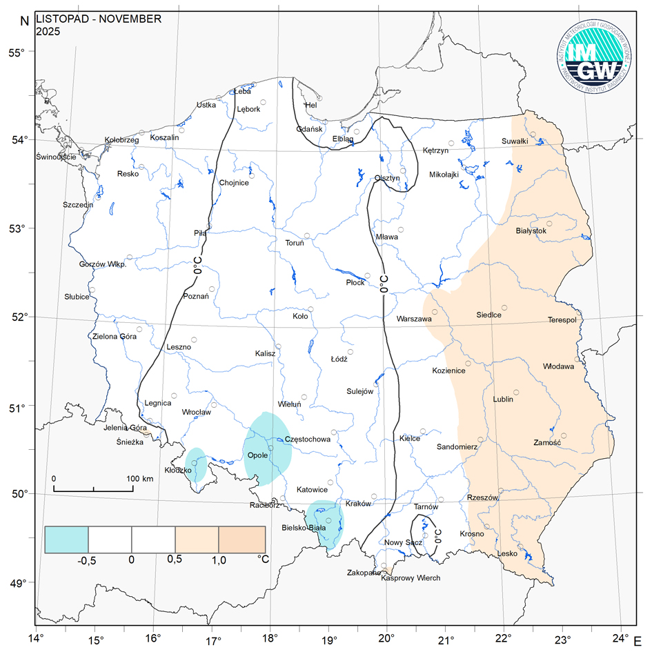 Przestrzenny rozkład anomalii średniej miesięcznej temperatury powietrza w listopadzie 2025 r. w stosunku do normy (tj. średniej miesięcznej wartości wieloletniej elementu w okresie 1991-2020).