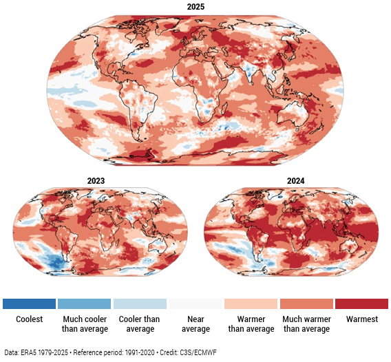 Anomalie temperatury powietrza przy powierzchni w latrach 2023-2025 r. w odniesieniu do średniej z okresu 1991-2020. Źródło danych: ERA5. Źródło: C3S/ECMWF.