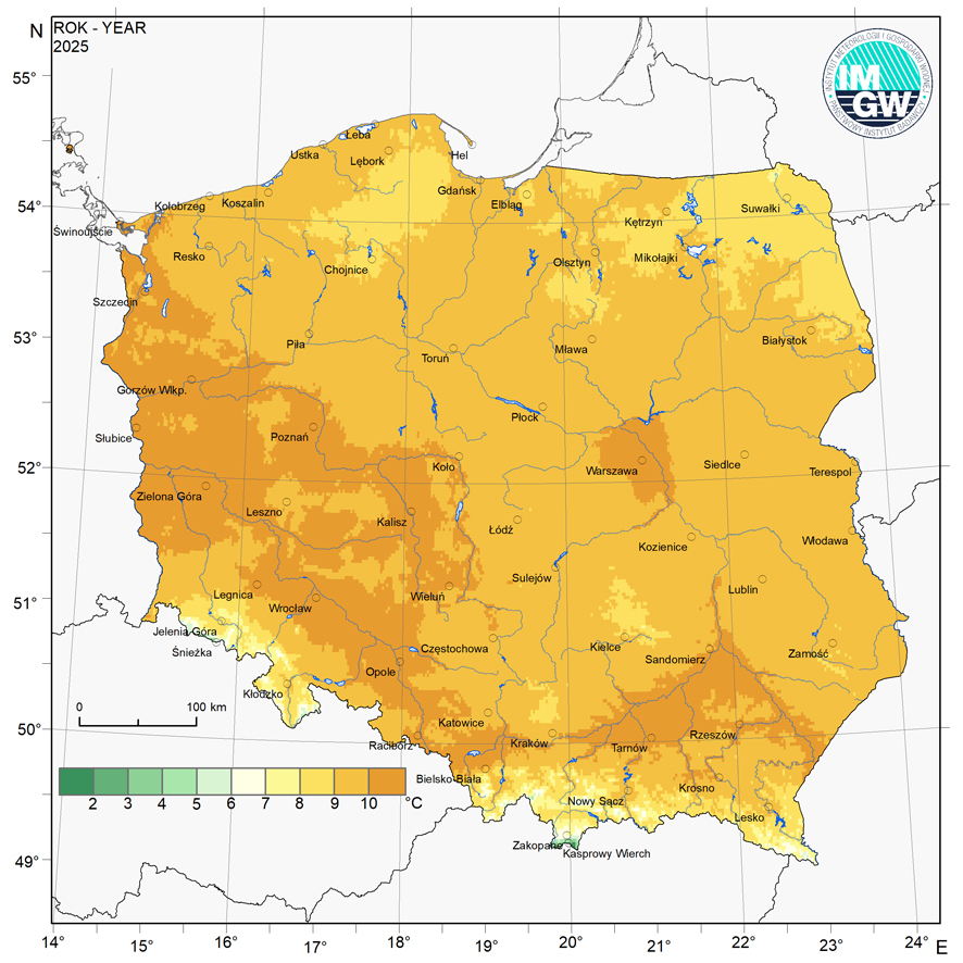 Przestrzenny rozkład średniej rocznej temperatury powietrza w 2025 r.