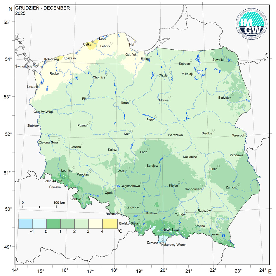 Klasyfikacja warunków termicznych w Polsce w grudniu, w okresie 1951-2025, na podstawie norm okresu normalnego 1991-2020.