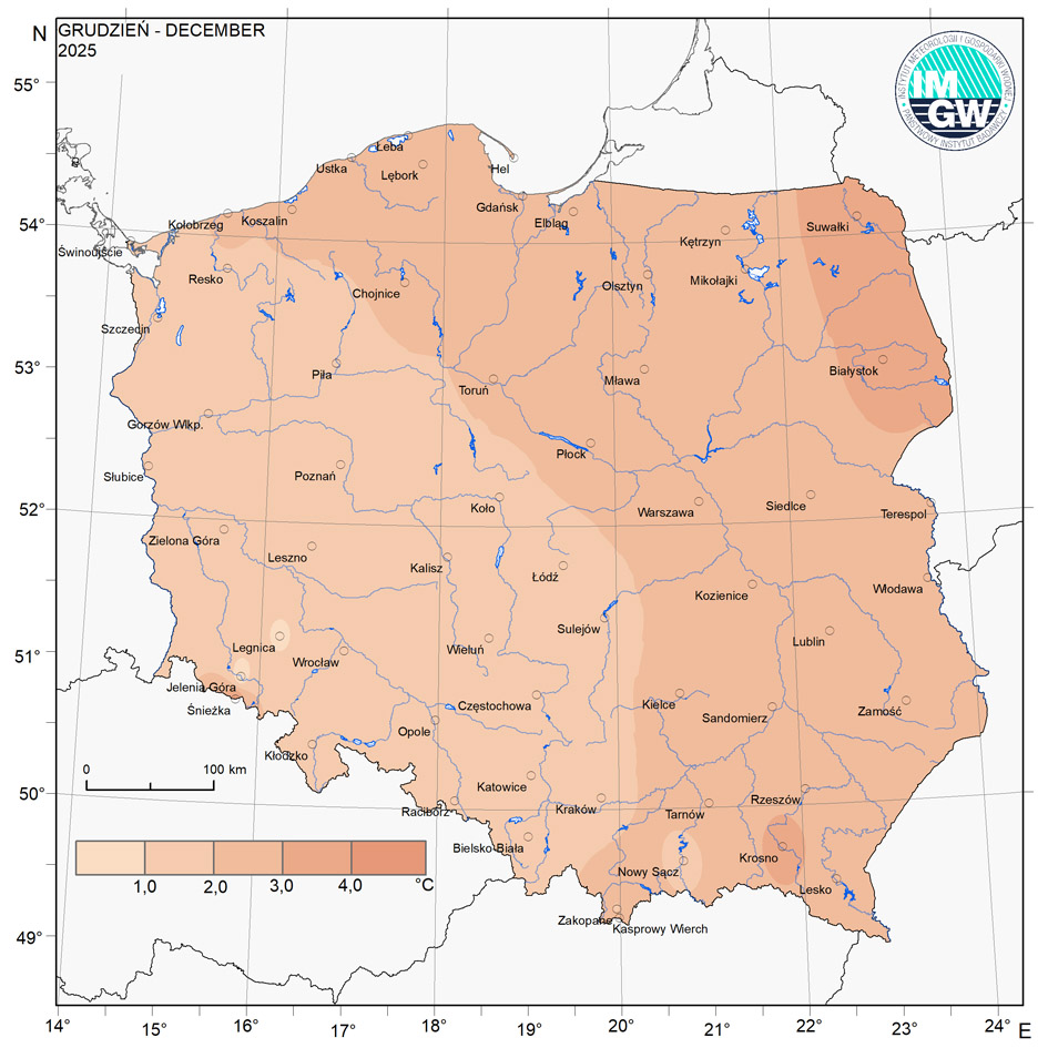 Przestrzenny rozkład anomalii średniej miesięcznej temperatury powietrza w grudniu 2025 r. w stosunku do normy (tj. średniej miesięcznej wartości wieloletniej elementu w okresie 1991-2020).
