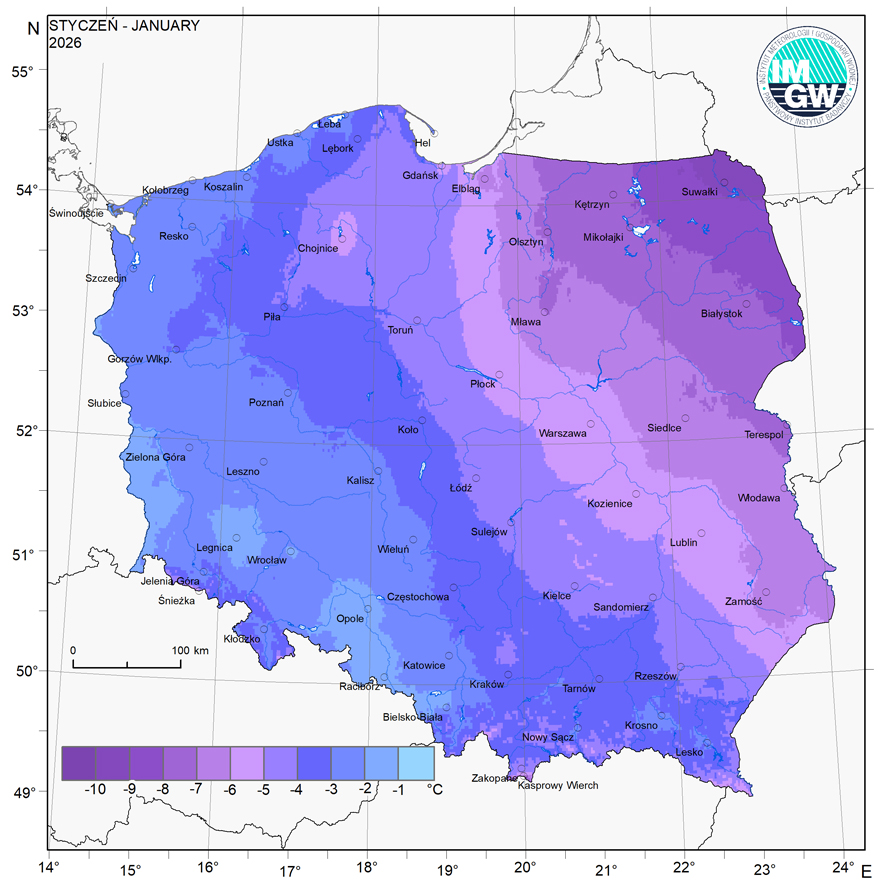 Przestrzenny rozkład średniej miesięcznej temperatury powietrza w styczniu 2026 r.