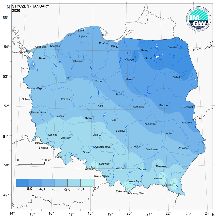 Przestrzenny rozkład anomalii średniej miesięcznej temperatury powietrza w styczniu 2026 r. w stosunku do normy (tj. średniej miesięcznej wartości wieloletniej elementu w okresie 1991-2020).
