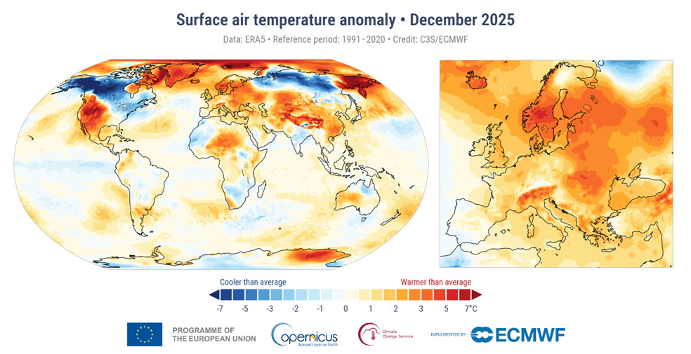 Anomalie średniej temperatury miesięcznej dla grudnia 2025 r. w stosunku do normy wieloletniej 1991-2020 na podstawie danych ERA5. Źródło: climate.copernicus.eu.