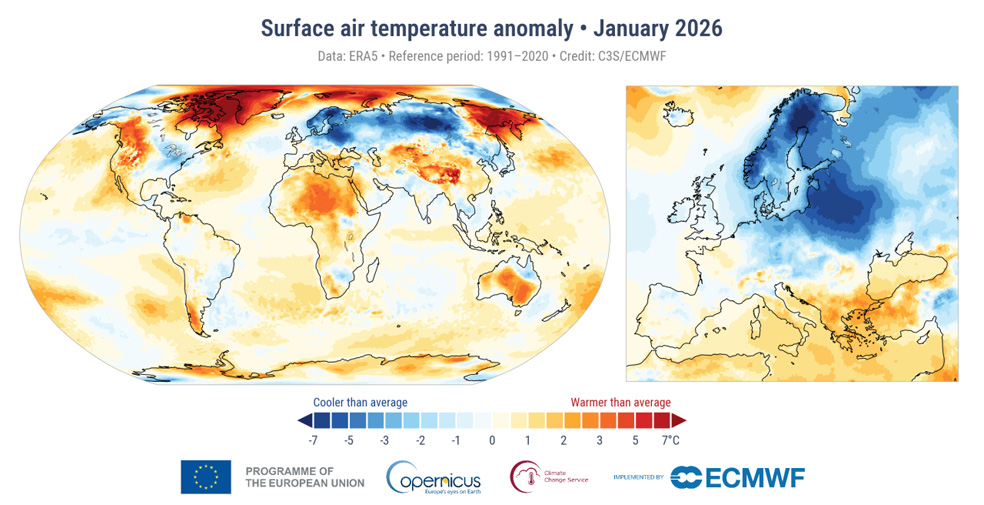 Anomalie średniej temperatury miesięcznej dla stycznia 2026 r. w stosunku do normy wieloletniej 1991-2020 na podstawie danych ERA5. Źródło: climate.copernicus.eu.