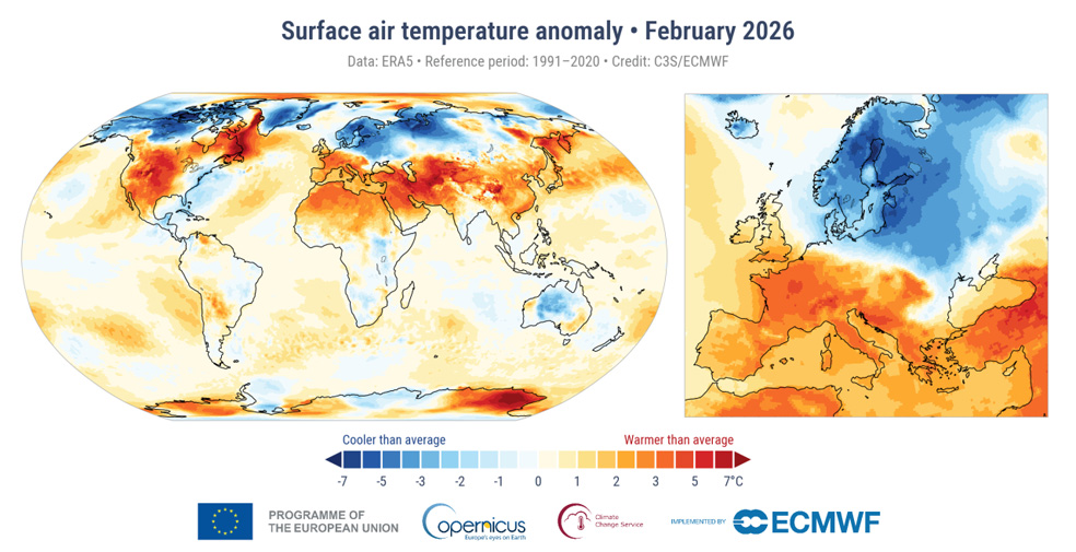 Anomalie średniej temperatury miesięcznej dla lutego 2026 r. w stosunku do normy wieloletniej 1991-2020 na podstawie danych ERA5. Źródło: climate.copernicus.eu.