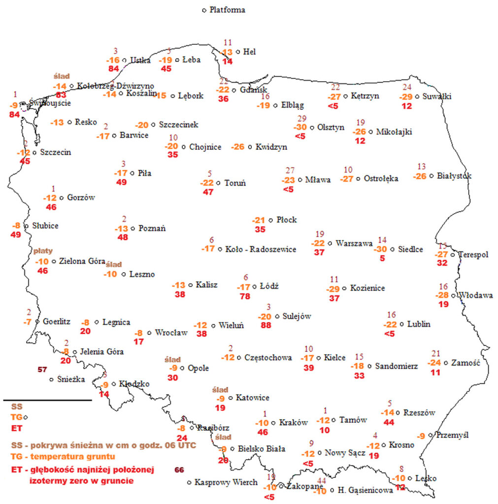 Stan pokrywy śnieżnej, temperatura powietrza przy powierzchni gruntu 5 cm oraz izoterma zero w gruncie o godz. 06 UTC, 03.02.2026 r., na stacjach synoptycznych.