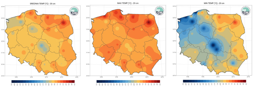 Rozkład temperatury gruntu (średniej, maksymalnej i minimalnej) na głębokości 20 cm w styczniu 2026 r.