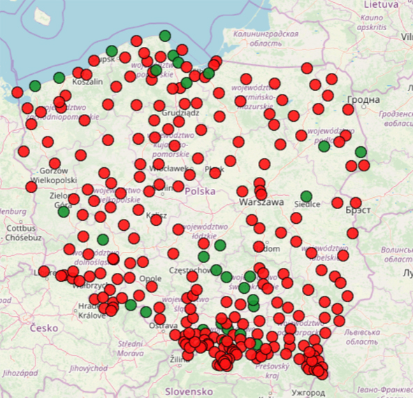 Mapa przedstawia wystąpienie zjawiska przymrozku na terenie naszego kraju w dniu 2026-03-24 (https://agrometeo.imgw.pl/przymrozki).