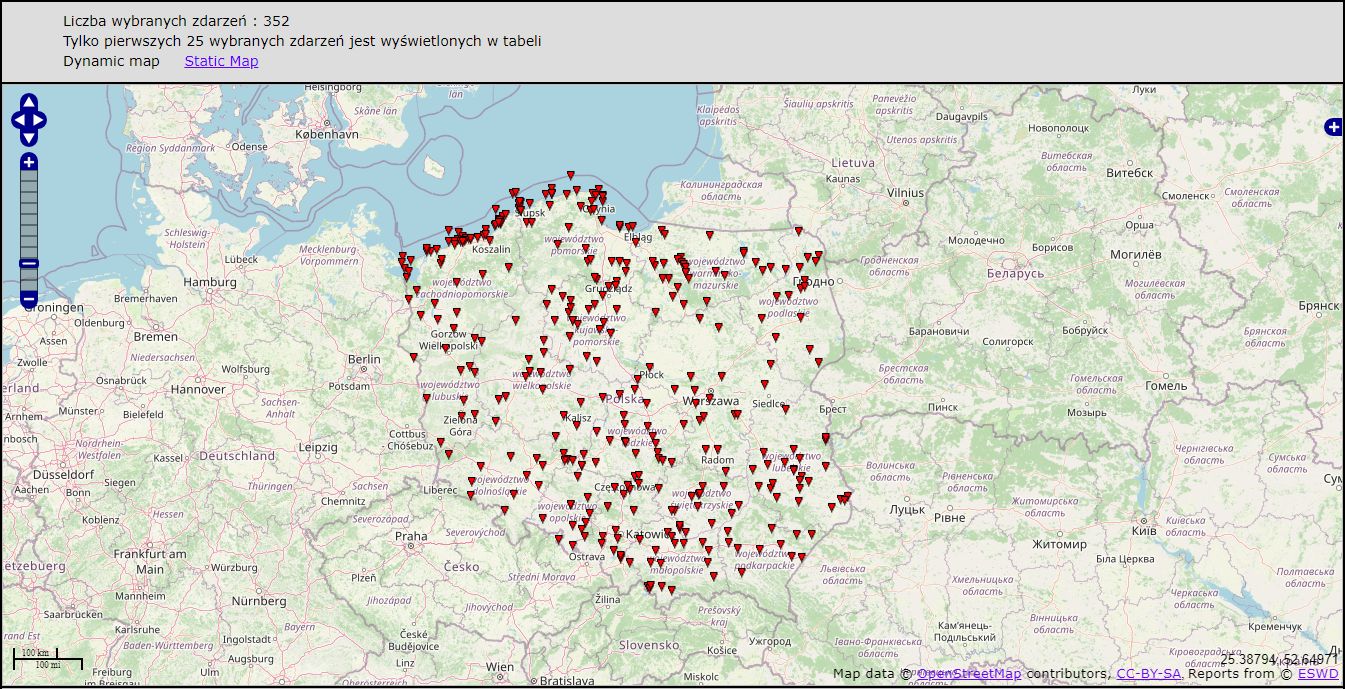 Raporty trąb powietrznych/wodnych złożone w bazie ESWD (eswd.eu) dla okresu 01.01.2001-09.06.2020. Od początku XXI wieku na 352 zaobserwowane zjawiska 61 miało postać trąb wodnych (ponad 1/6 wszystkich raportów dla Polski)