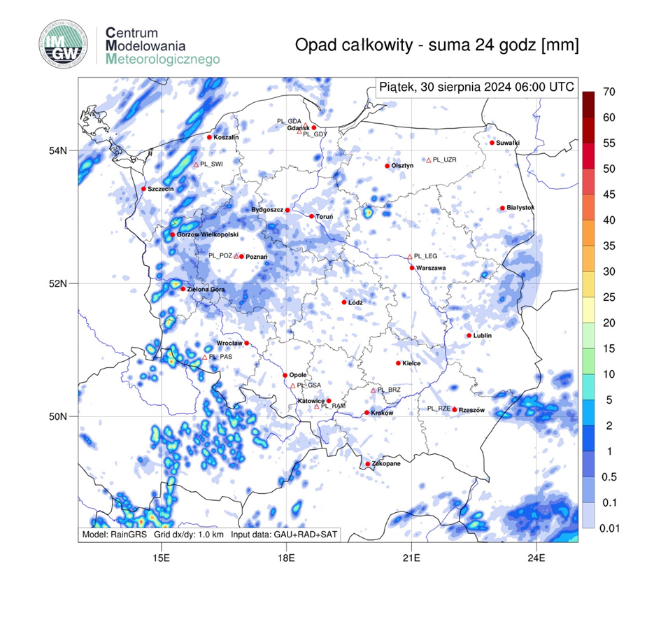 Dobowa suma opadu z 30 sierpnia (czyli 29 sierpnia 6 UTC do 30 sierpnia 6 UTC) | System RainGRS.